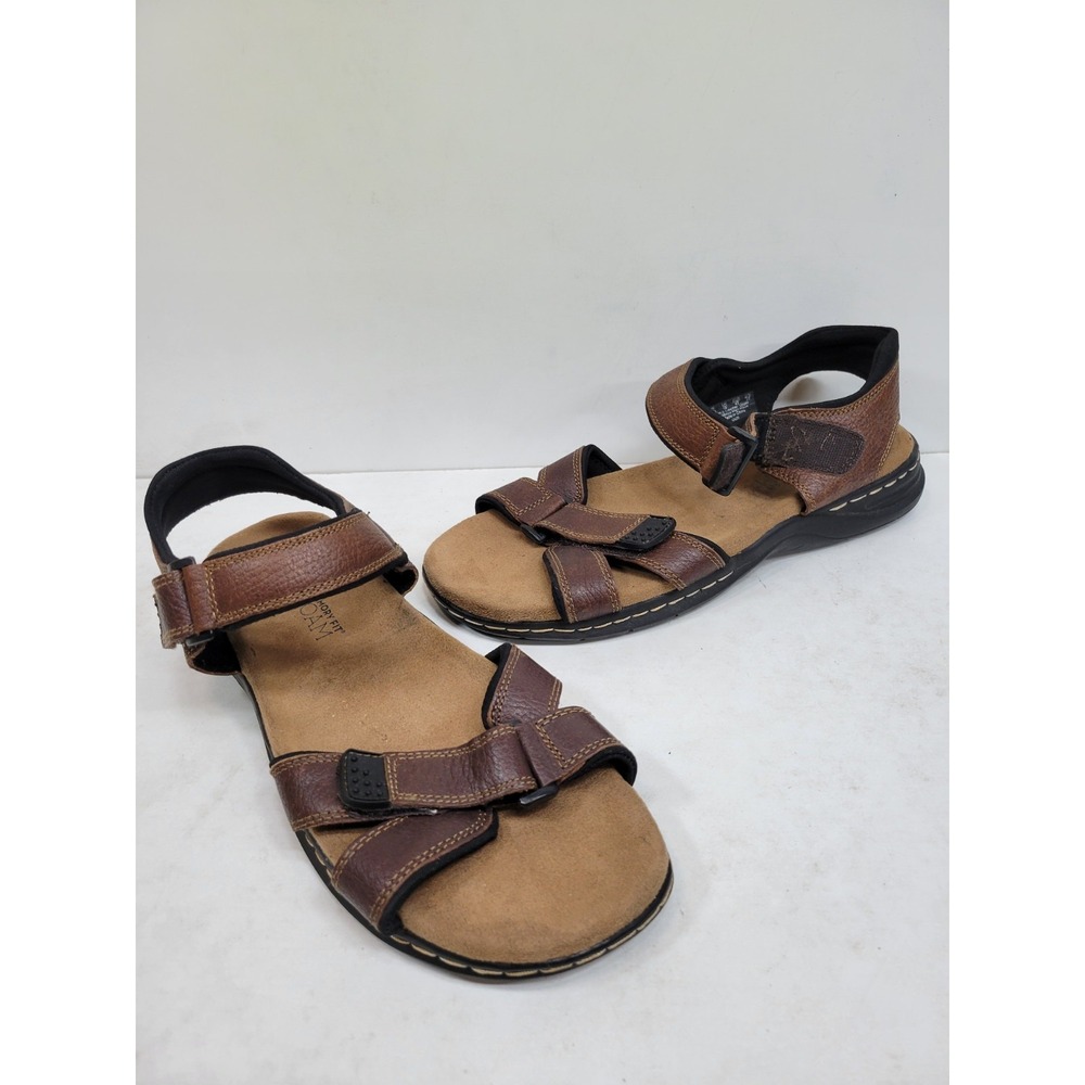 Dr Scholls Gus Mens 11 M Brown Leather Sandals Memory Fit Foam Hook Loop Comfort